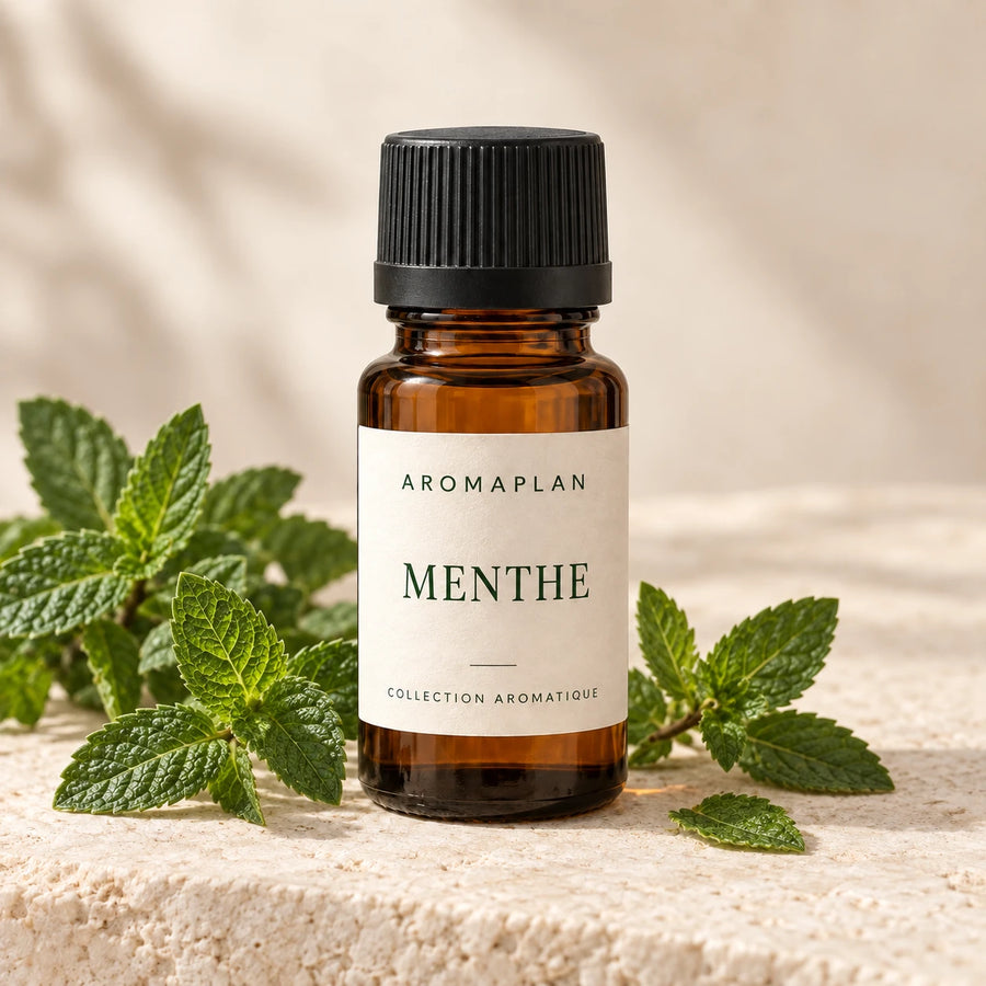 Flacon AROMAPLAN Menthe de la collection aromatique, entouré de feuilles de menthe.