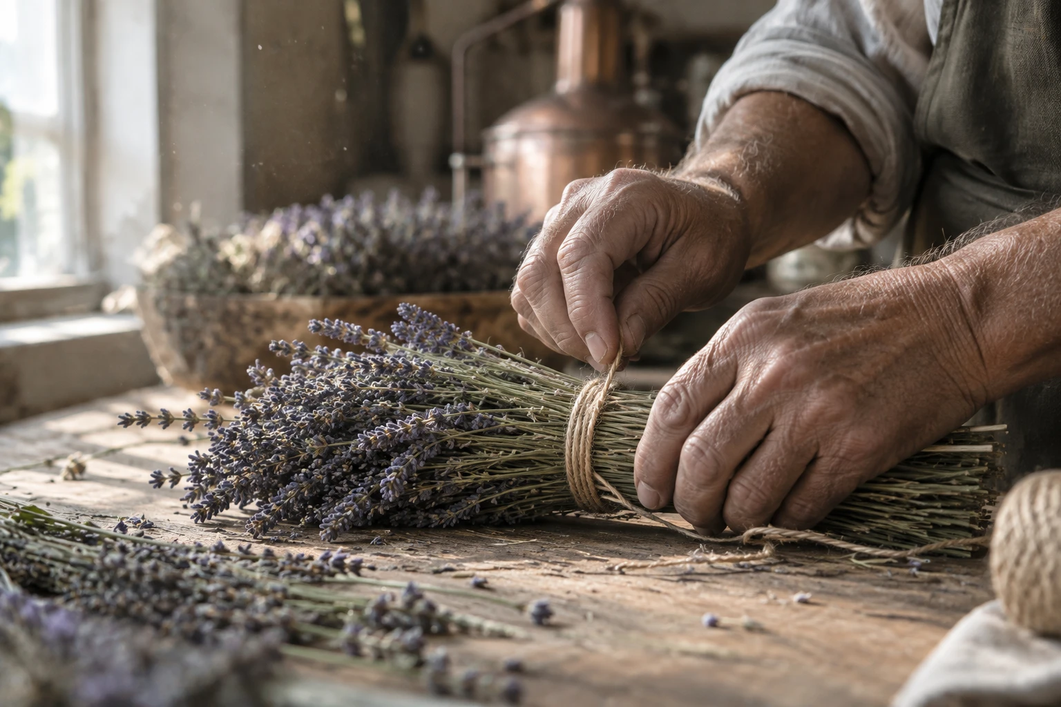 Les mains d’un artisan liant une botte de lavande avec de la ficelle, devant un alambic en cuivre.
