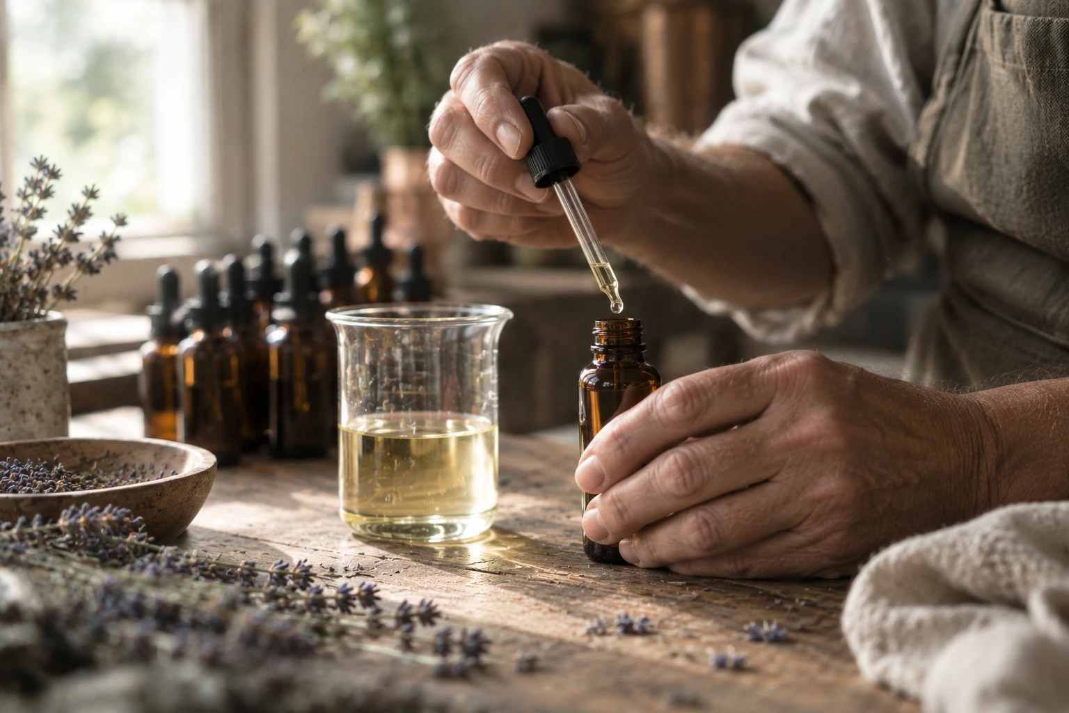 Les mains d’un formulateur dosant une huile essentielle à la pipette dans un flacon ambré, sur un établi couvert de lavande.