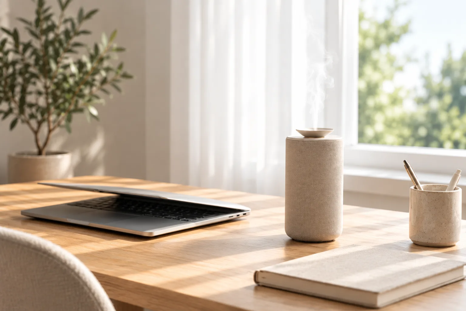 Un diffuseur AROMAPLAN posé sur un bureau en bois clair près d’une fenêtre, diffusant une fine volute.