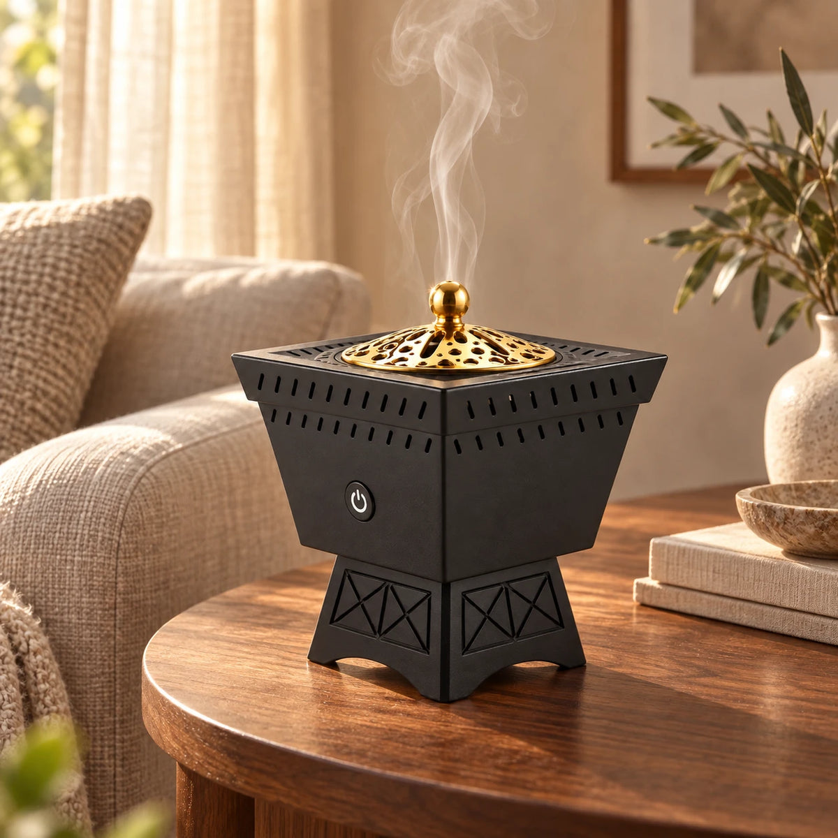 Le Brûle-Parfum posé au salon, la fumée s’élevant du dôme.