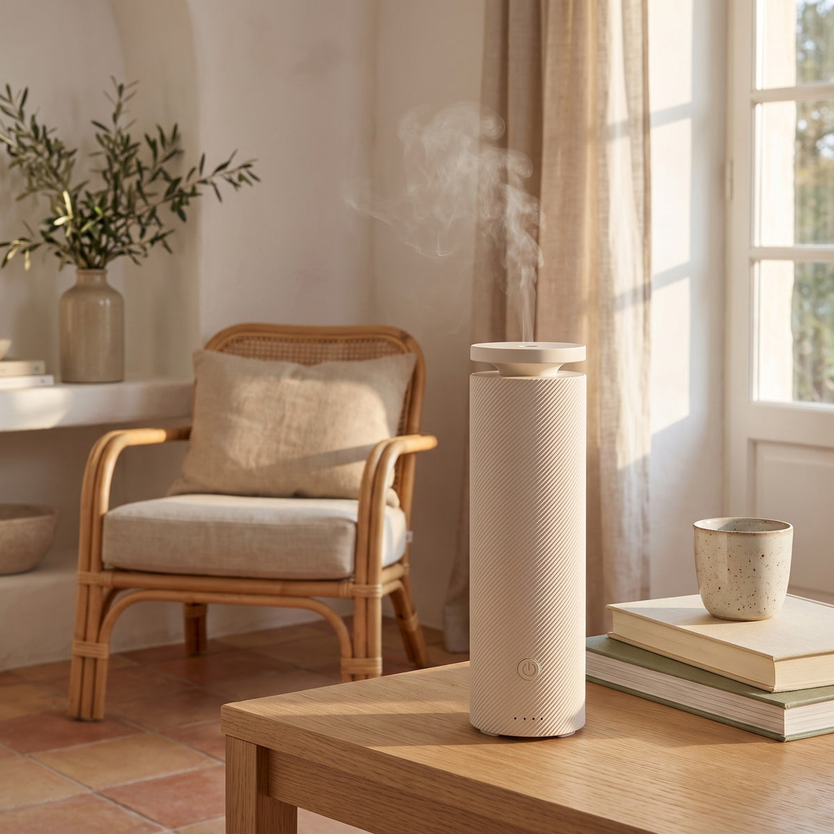 Le Diffuseur Nomade sur une table en chêne, dans un salon baigné de soleil.